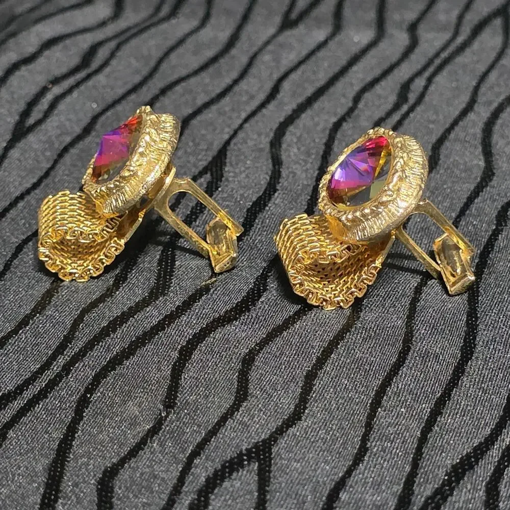 Vintage Omega Gold Tone Mesh Wrap Cufflinks Purple Rivoli Glass Stone Formal Pai